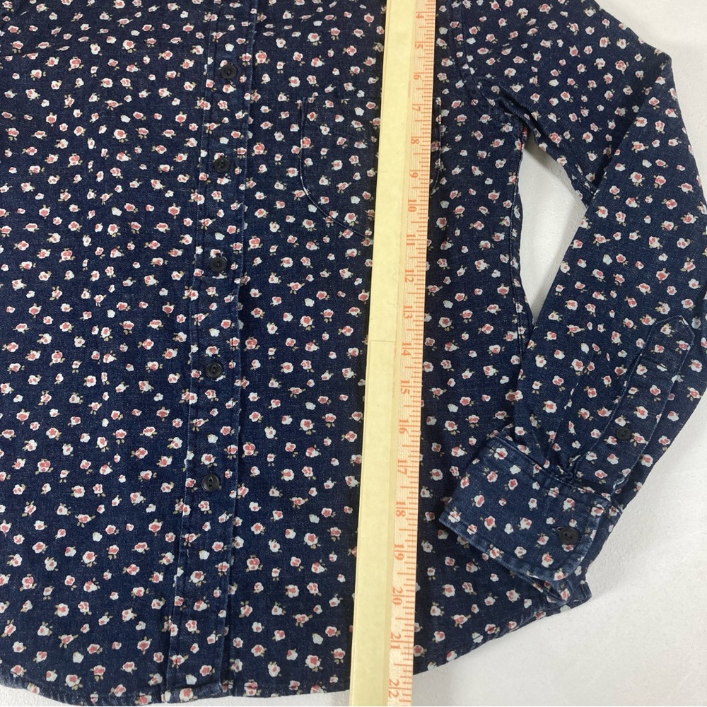 UNIQLO Shirt Women Blue Denim Cotton Red Floral Button Front S Casual Pocket - Picture 6 of 15